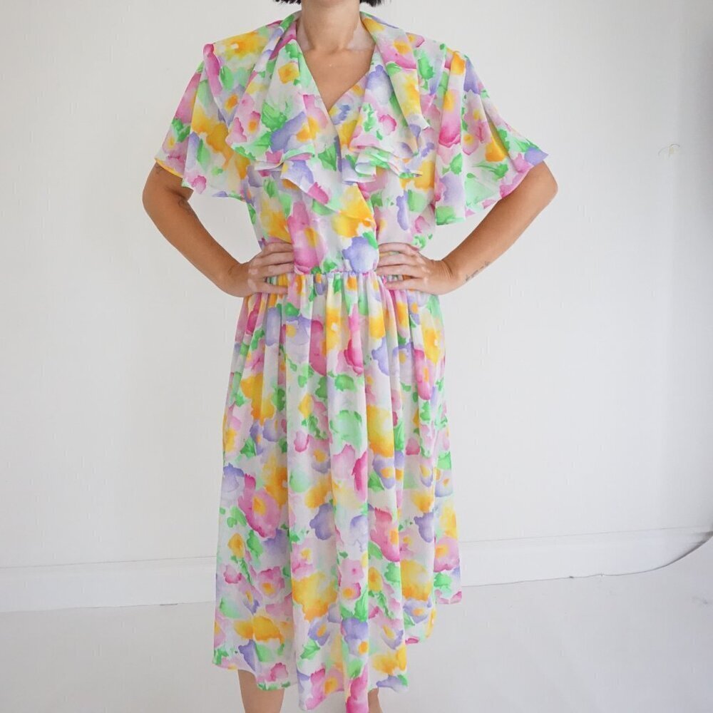 Vintage Pastel Floral Watercolor Ruffle Neck Flutter Sleeve Midi Dress Tie M